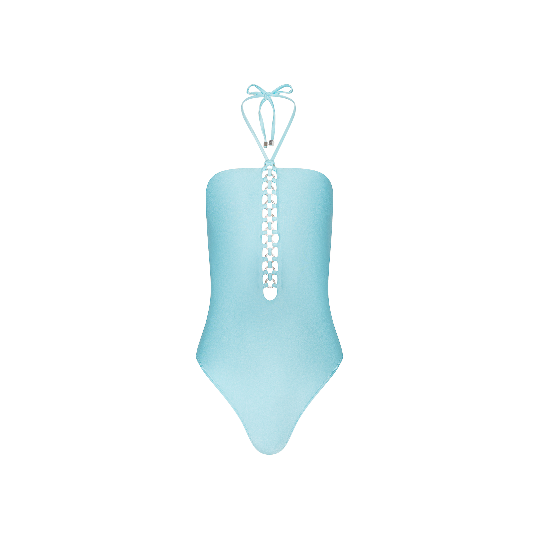 The Indore One-Piece Swimsuit in ice blue features a halter neck tie and a decorative chain detail with crystal pavé rings running down the front center. This UPF 50 swimsuit is shown against a white background.