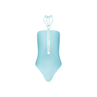 The Indore One-Piece Swimsuit in ice blue features a halter neck tie and a decorative chain detail with crystal pavé rings running down the front center. This UPF 50 swimsuit is shown against a white background.