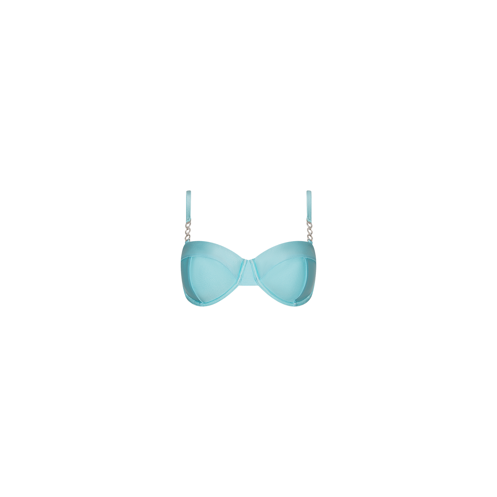 The Alexandria Bikini Top, showcased on a plain white background, is a light ice blue piece featuring underwire cups and thin adjustable straps, evoking the style of a balconette bikini top.