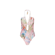 The Opus Halter One-Piece Swimsuit is a pink one-piece featuring a vibrant tropical floral pattern, a deep V-neckline accented with shell trim, and a halter neck tie. Crafted with UPF 50 fabric for added sun protection, this modern swimsuit is displayed against a plain white background.