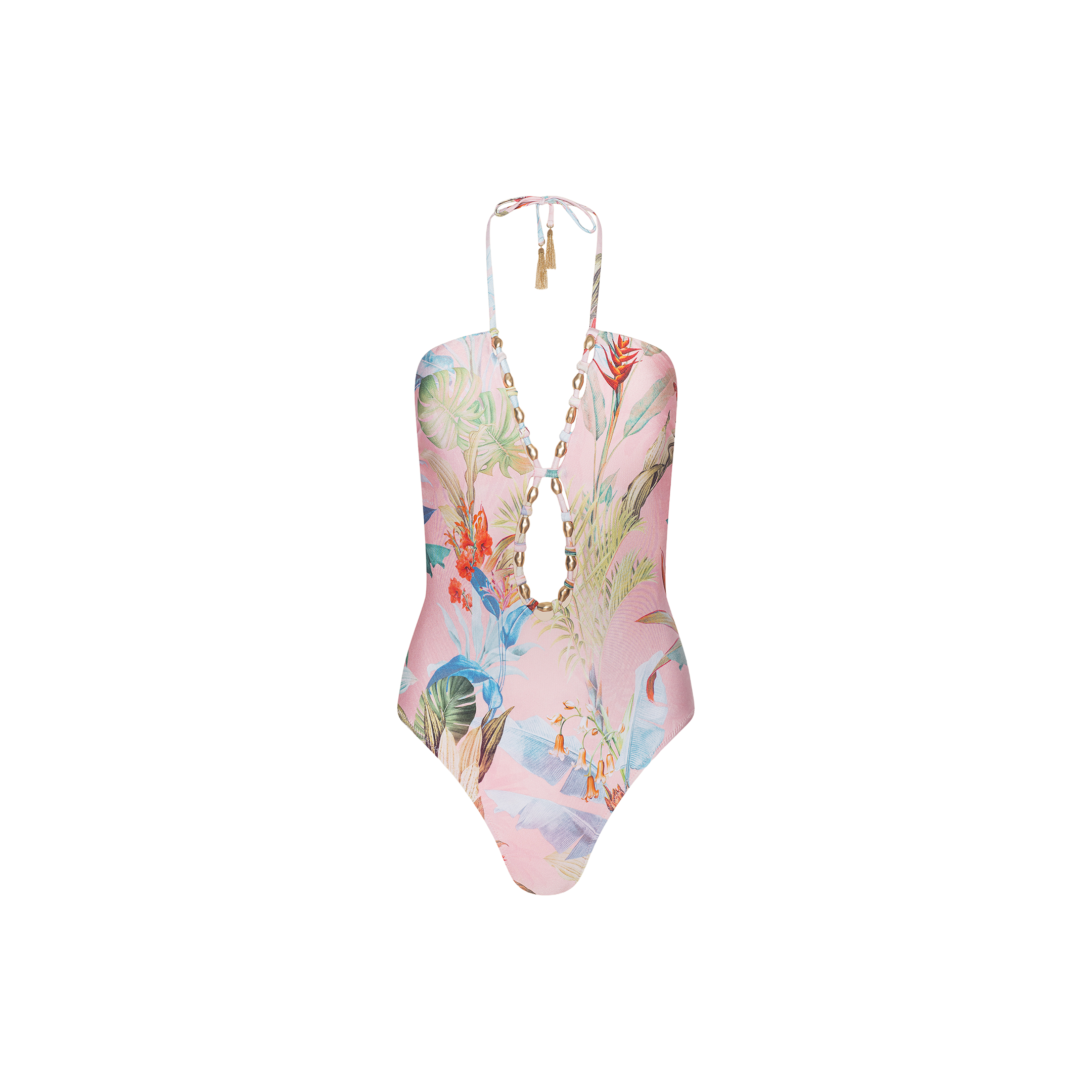 The Opus Halter One-Piece Swimsuit is a pink one-piece featuring a vibrant tropical floral pattern, a deep V-neckline accented with shell trim, and a halter neck tie. Crafted with UPF 50 fabric for added sun protection, this modern swimsuit is displayed against a plain white background.