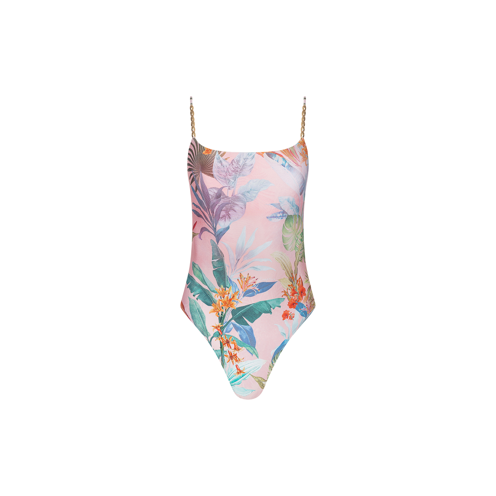 The Remi One-Piece Swimsuit showcases a pastel pink background adorned with a vibrant tropical floral and palm leaf print. It features thin gold chain straps, a scoop neckline, and a flattering high-leg cut.