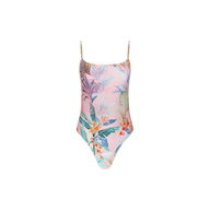 Introducing the Remi One-Piece Swimsuit—a flattering high-leg maillot featuring a pastel pink base adorned with vibrant palm leaf and flower prints, accented by thin gold chain shoulder straps.