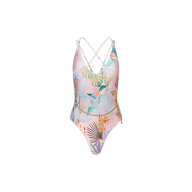 The Breana Plunge One-Piece Swimsuit features a pastel tropical palm print, thin crisscross back straps, and a decorative gold chain belt at the waist. Displayed against a plain white background, this stylish swimsuit offers UPF 50 protection for enhanced sun safety.