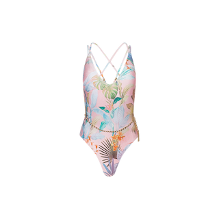 The Breana Plunge One-Piece Swimsuit showcases a vibrant pink, blue, and green tropical palm print with thin crisscross straps and an elegant gold chain detail at the waist. Designed for both style and sun safety, this swimsuit provides UPF 50 protection—perfect for chic days by the pool.
