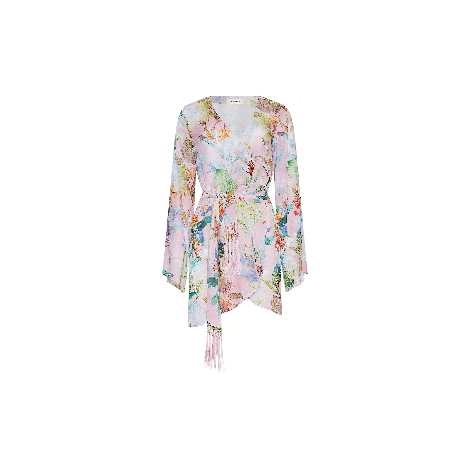 The Kohima Cover-Up Dress, a sheer, pastel floral kimono featuring bell sleeves, a tie belt at the waist, and an asymmetrical hem—perfect for resort style or as a pool cover-up—is displayed on a white background.