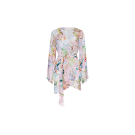 The Kohima Cover-Up Dress, a sheer, pastel floral kimono featuring bell sleeves, a tie belt at the waist, and an asymmetrical hem—perfect for resort style or as a pool cover-up—is displayed on a white background.