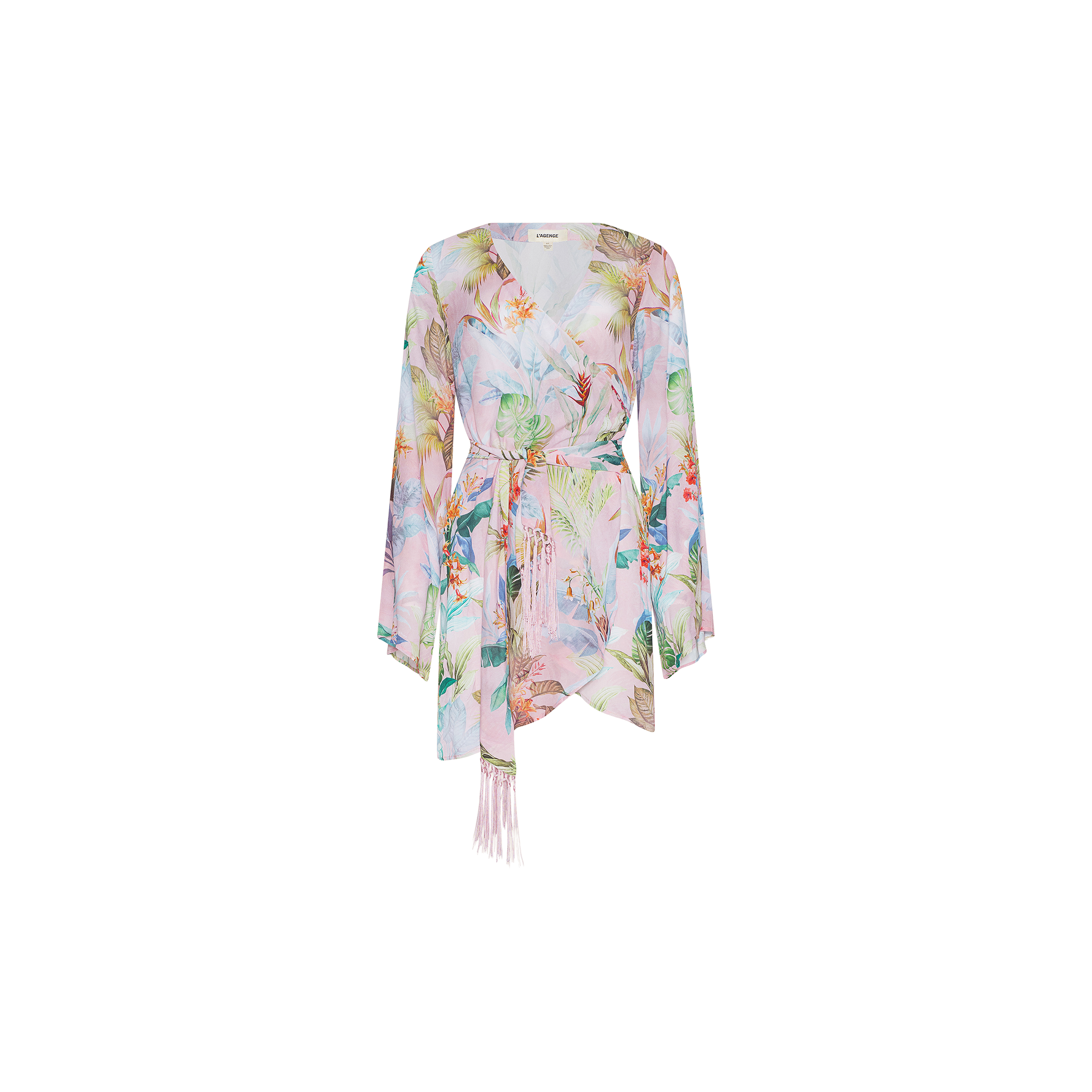 The Kohima Cover-Up Dress, a sheer, pastel floral kimono featuring bell sleeves, a tie belt at the waist, and an asymmetrical hem—perfect for resort style or as a pool cover-up—is displayed on a white background.