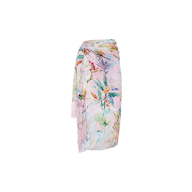 Introducing the Marena Sarong: a pastel pink cover-up adorned with tropical leaf and flower patterns, elegantly draped and tied at the waist. Set against a white background, this sarong is the ideal vacation accessory, effortlessly elevating your beachside style with a hint of sophistication.