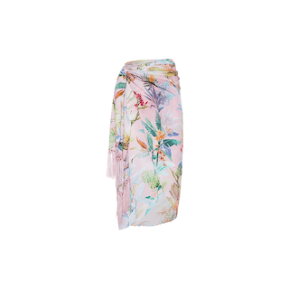 Introducing the Marena Sarong: a pastel pink cover-up adorned with tropical leaf and flower patterns, elegantly draped and tied at the waist. Set against a white background, this sarong is the ideal vacation accessory, effortlessly elevating your beachside style with a hint of sophistication.