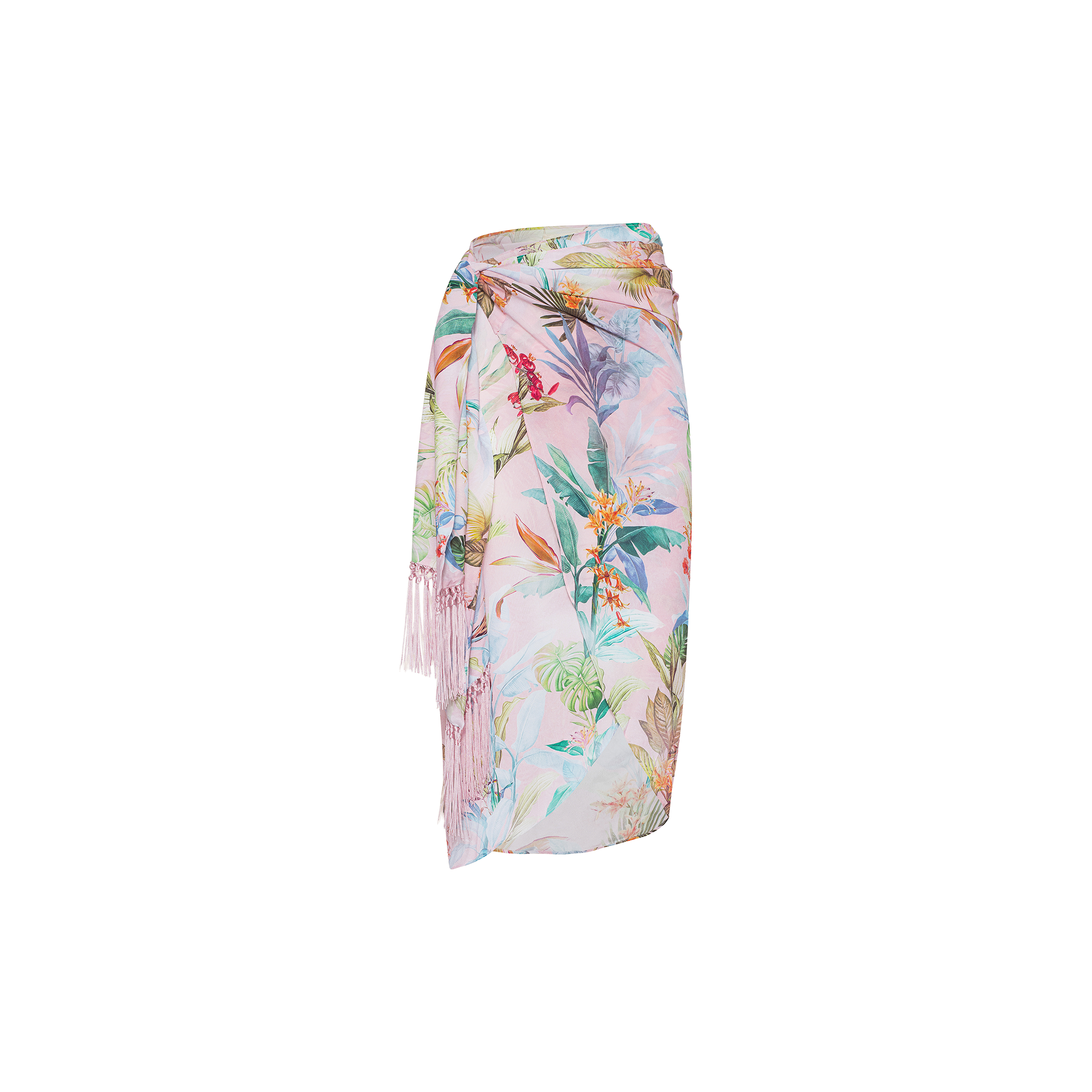 Introducing the Marena Sarong: a pastel pink cover-up adorned with tropical leaf and flower patterns, elegantly draped and tied at the waist. Set against a white background, this sarong is the ideal vacation accessory, effortlessly elevating your beachside style with a hint of sophistication.