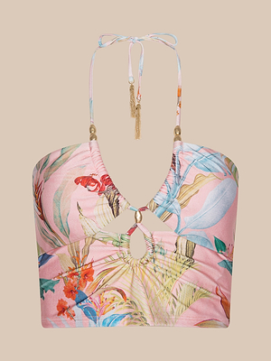 The Siwan Midkini is a pink gold bead bikini top featuring a vibrant tropical floral print, UPF 50 sun protection, tassel details, a front keyhole cutout, and an adjustable tie-neck strap.