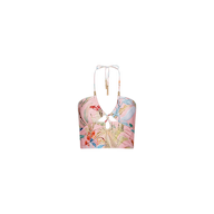 Siwan Midkini featuring a colorful floral print, longline silhouette, halter neckline with front keyhole cutout, adjustable neck ties embellished with gold bead accents, displayed on a plain white background.