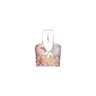 The Siwan Midkini is a halter-style bikini top featuring a colorful tropical floral and palm leaf print, a front keyhole cutout, and gold bead accents on the adjustable neck ties, shown on a white background.