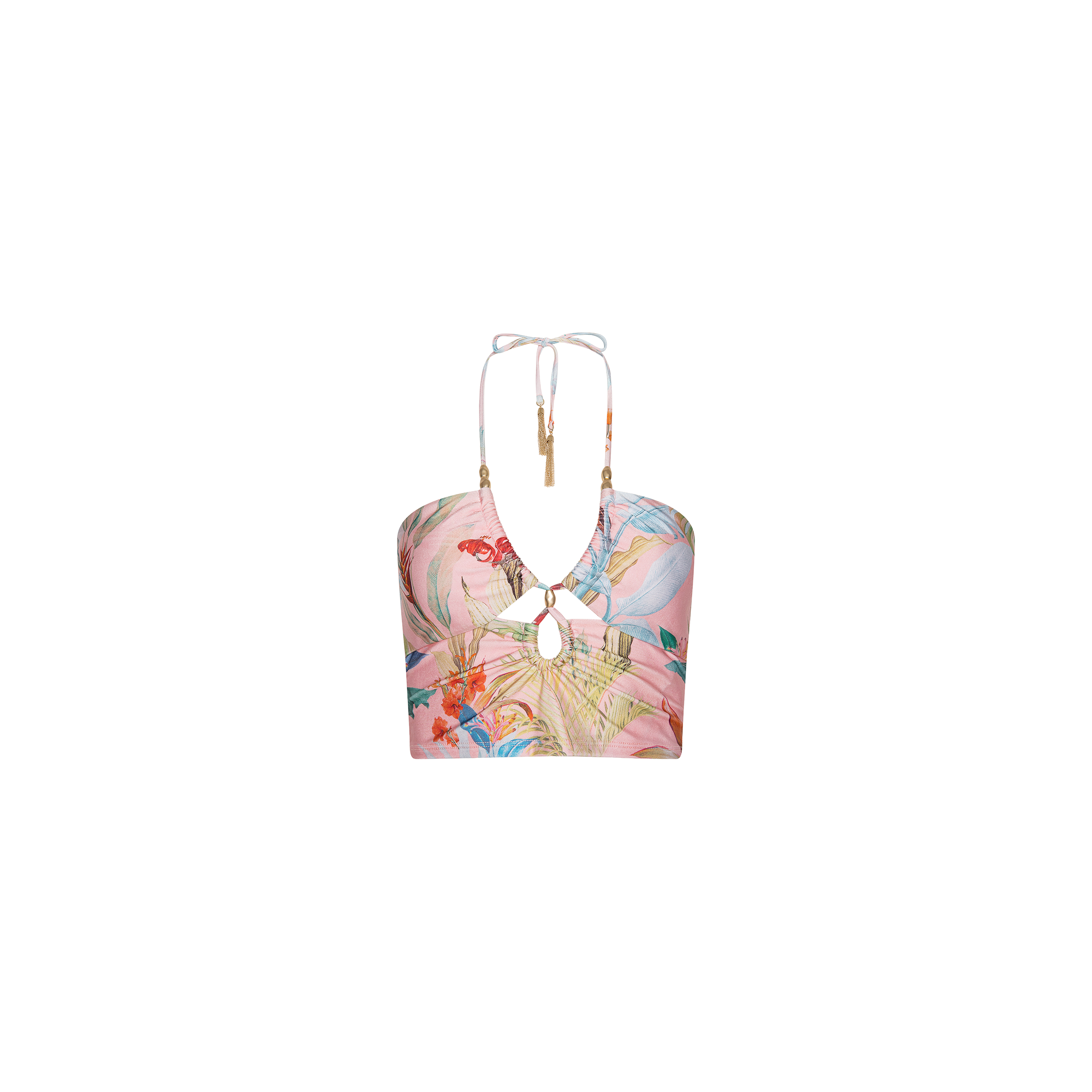 Siwan Midkini featuring a colorful floral print, longline silhouette, halter neckline with front keyhole cutout, adjustable neck ties embellished with gold bead accents, displayed on a plain white background.
