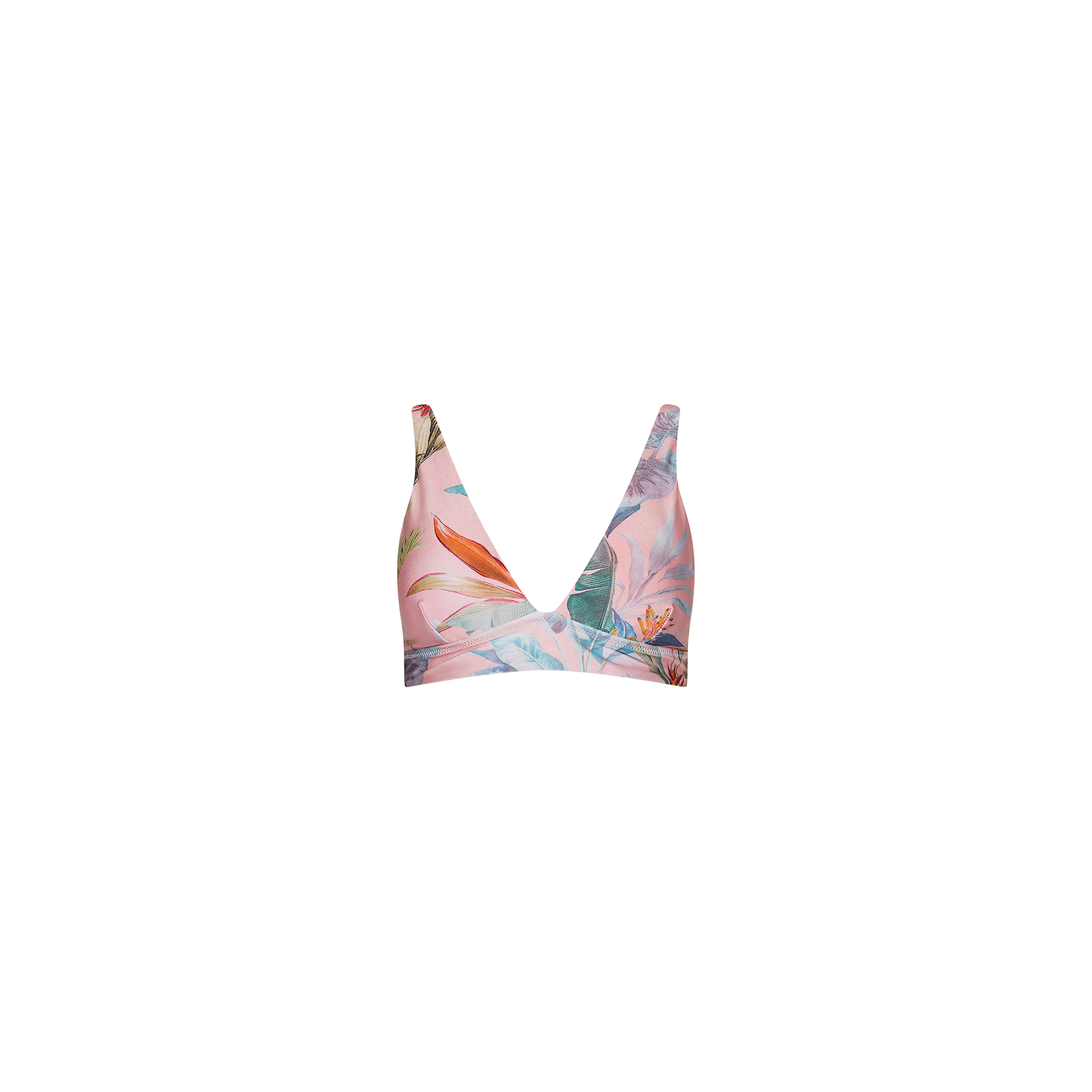 The Lexie Bikini Top is a pink, secure-fit bikini top with a deep V-neck and a tropical floral print showcasing palm leaves and pastel-colored flowers. Displayed on a plain white background, this stylish UPF 50 swimsuit combines vibrant flair with excellent sun protection.