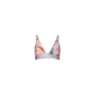 The Lexie Bikini Top is a pink secure-fit bikini top with a deep V-neck and a vibrant tropical palm leaf print, featuring adjustable straps, displayed on a plain white background.