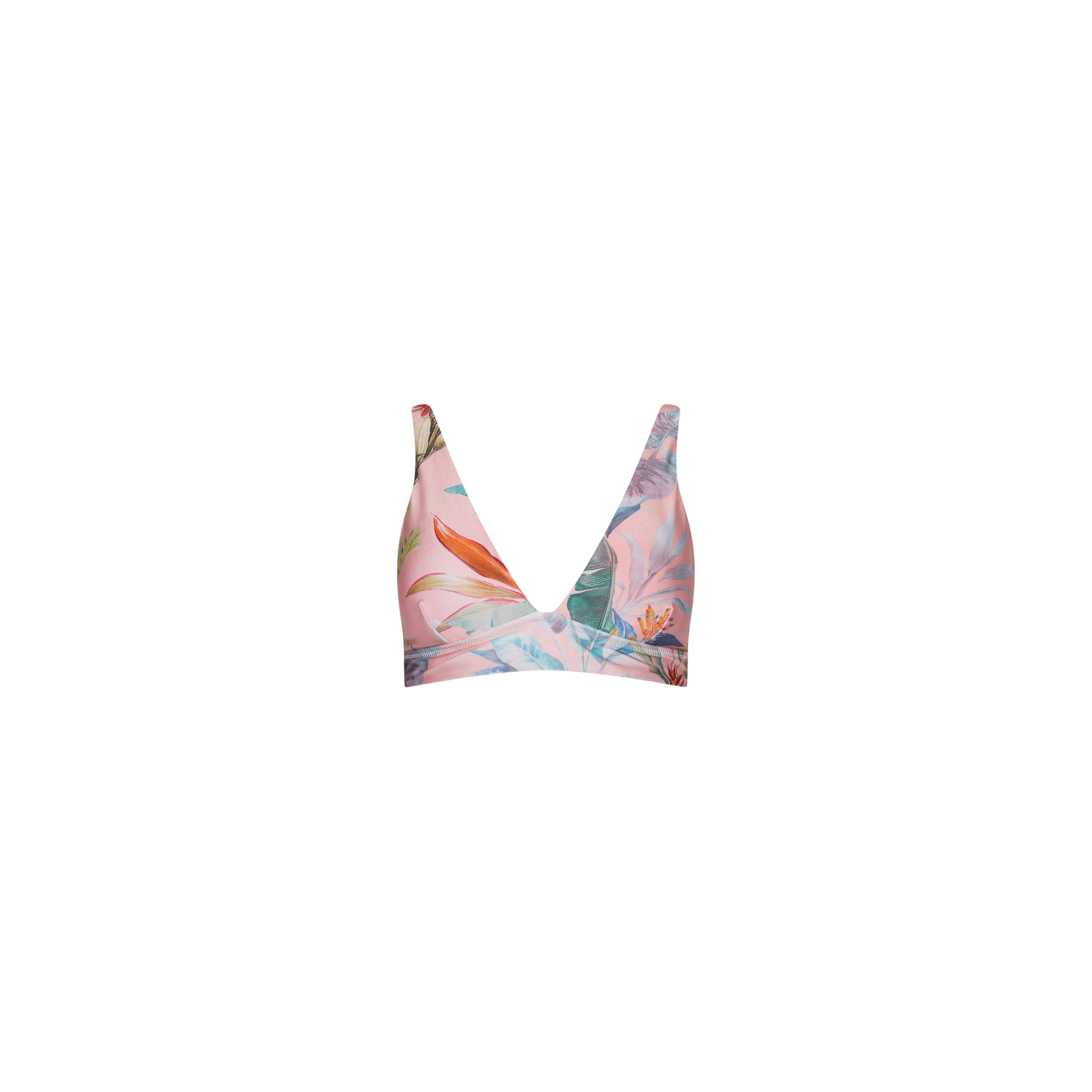 The Lexie Bikini Top is a pink secure-fit bikini top with a deep V-neck and a vibrant tropical palm leaf print, featuring adjustable straps, displayed on a plain white background.