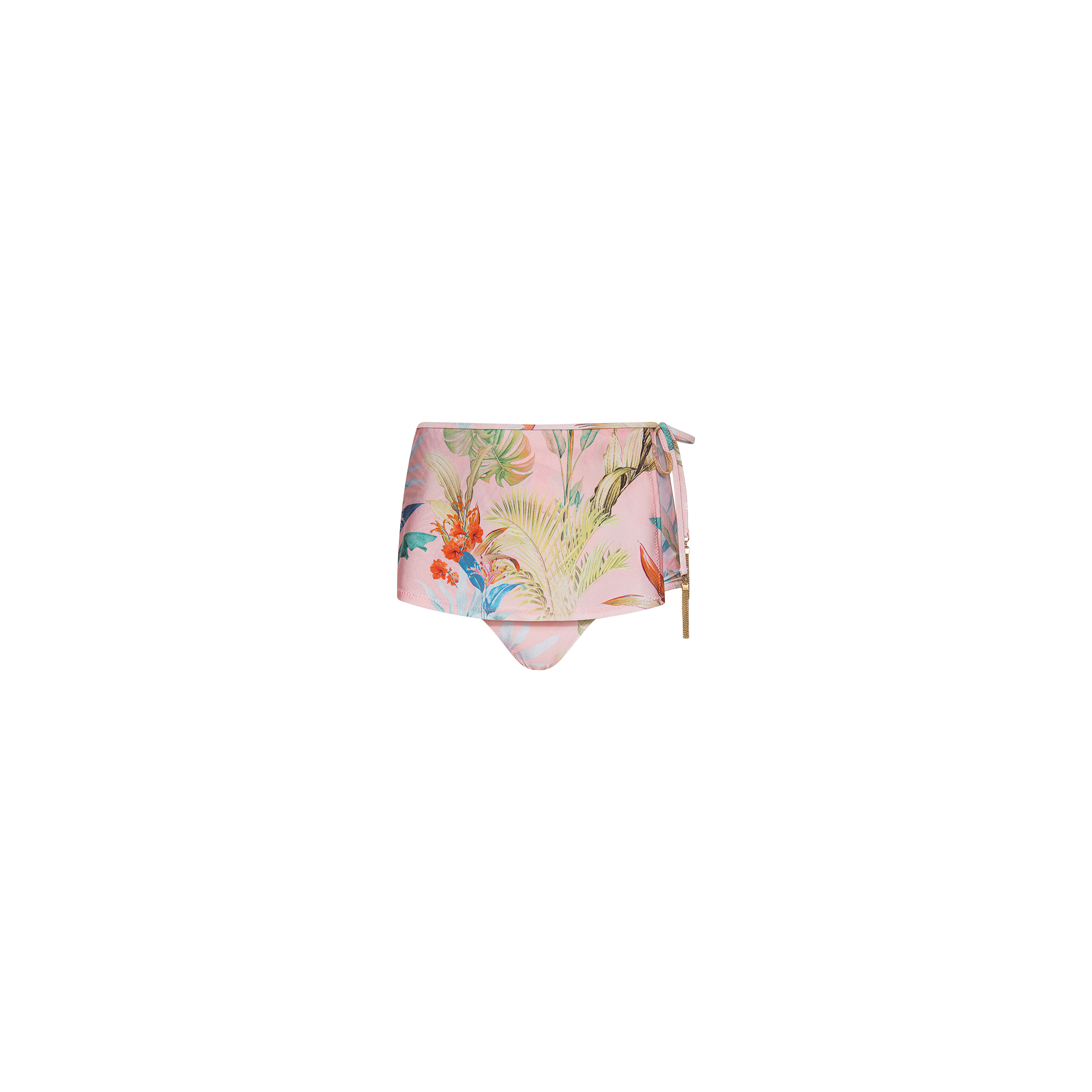 Linda Swim Skort in pink with a tropical floral print, featuring a high-waisted design, side tie detail, gold accent, and UPF 50 protection. Displayed on a plain white background.