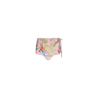 Linda Swim Skort in pink with a tropical floral print, featuring a high-waisted design, side tie detail, gold accent, and UPF 50 protection. Displayed on a plain white background.