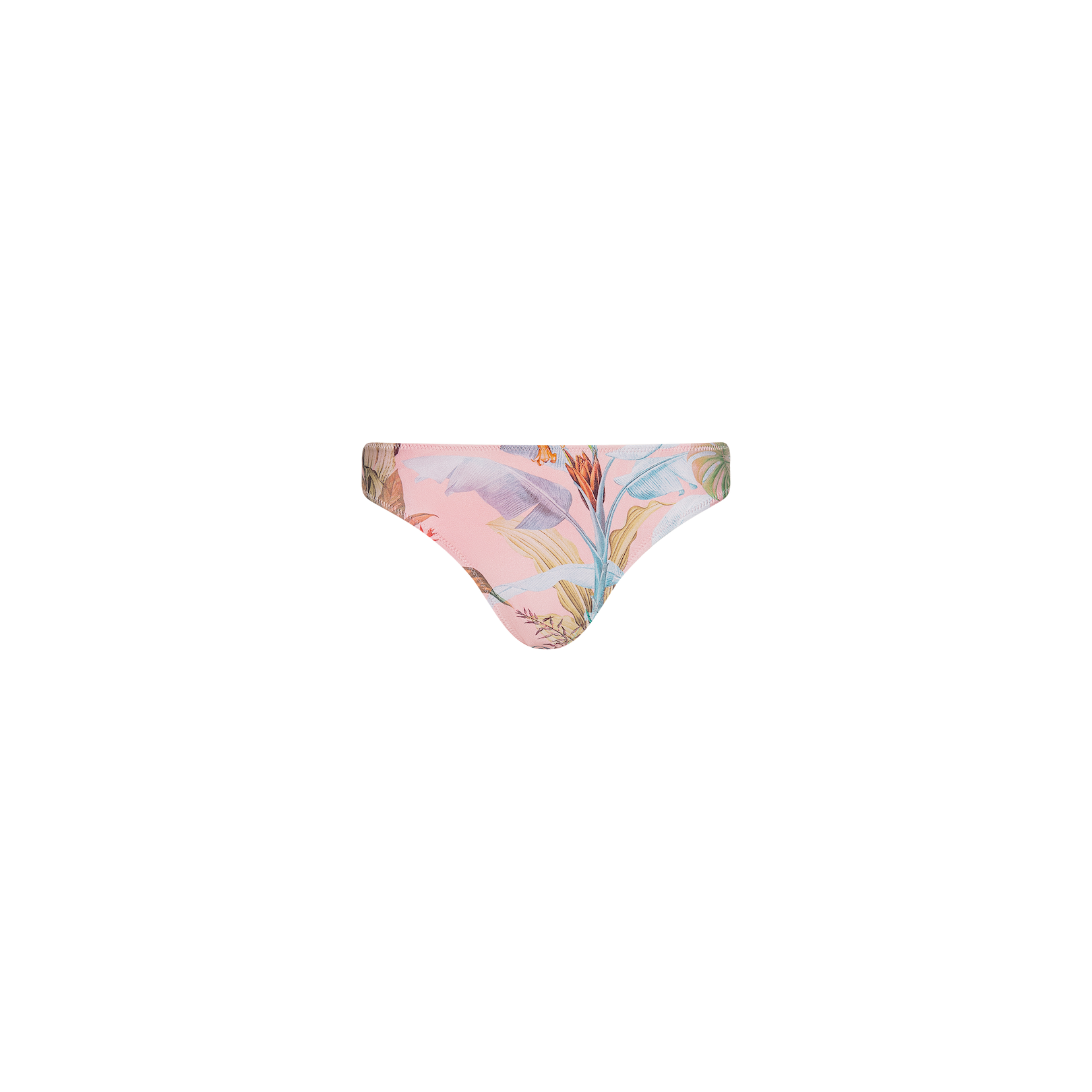 Nicole Bikini Bottom in pink, featuring a vibrant abstract floral and palm leaf print with shades of blue, orange, and green. Made from stretch nylon with UPF 50 protection. Shown on a plain white background.
