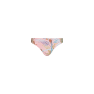 The Nicole Bikini Bottom, crafted from stretch nylon with UPF 50 swimwear protection, features a pastel palm leaf print and is displayed against a plain white background.