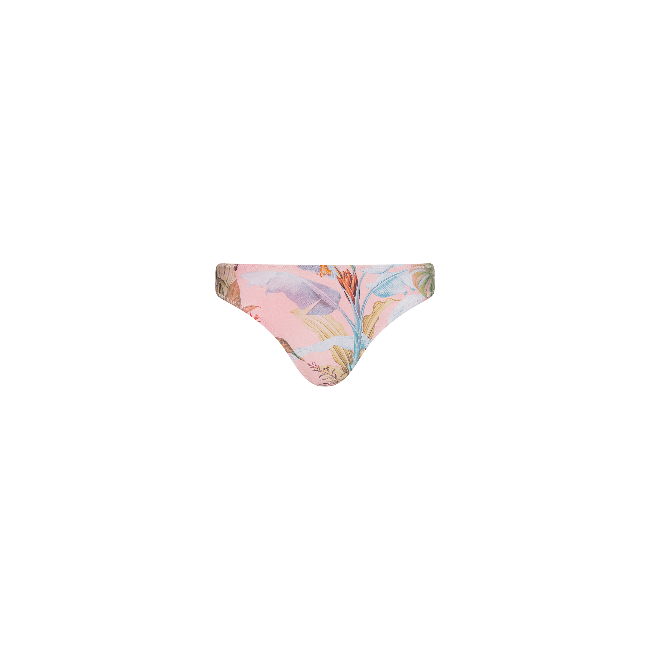 The Nicole Bikini Bottom, crafted from stretch nylon with UPF 50 swimwear protection, features a pastel palm leaf print and is displayed against a plain white background.