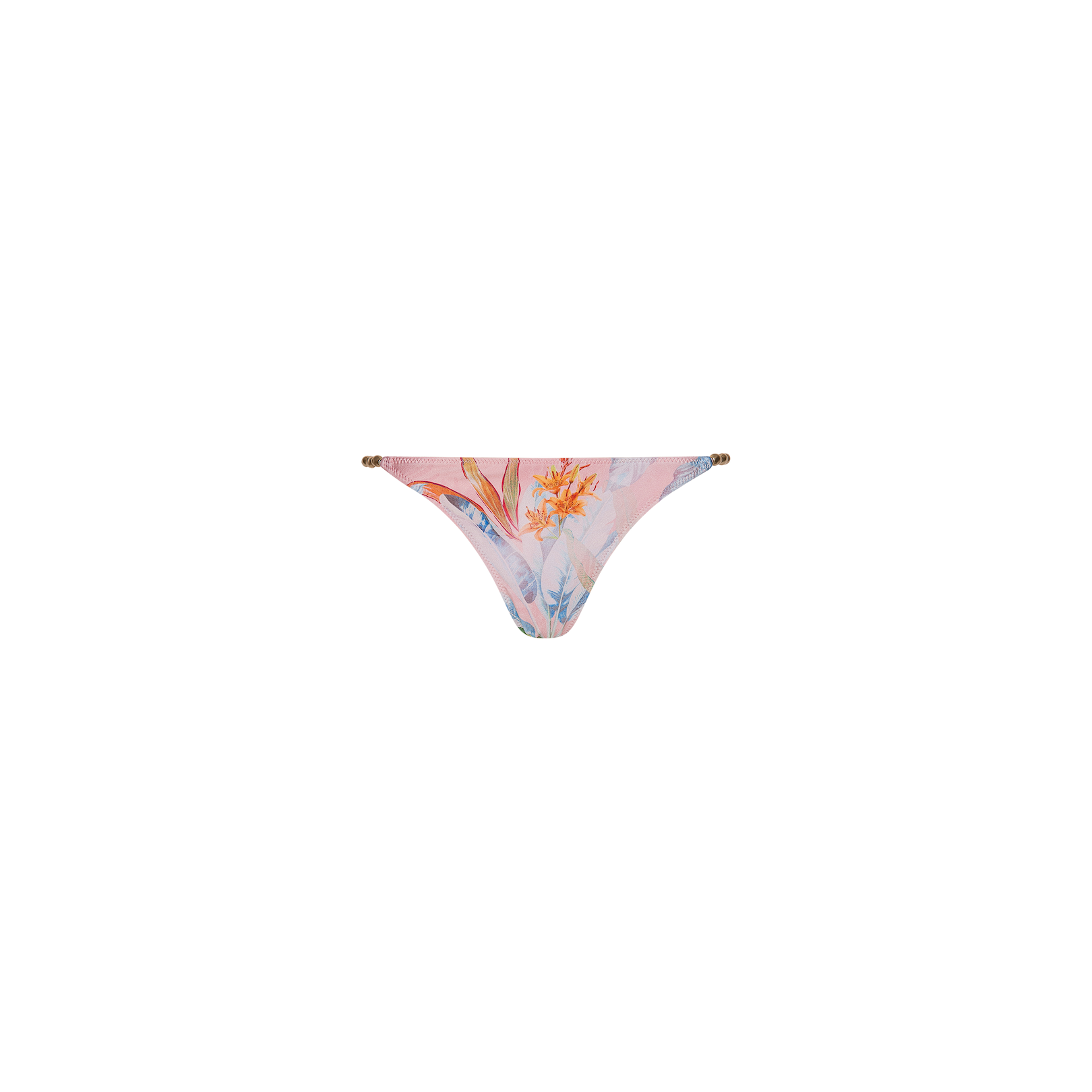 Violet String Bikini Bottom with a floral print featuring orange and blue flowers, displayed on a plain white background.