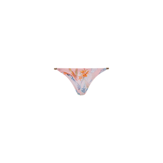 Violet String Bikini Bottom featuring a pink floral and palm leaf print on a white background, designed with thin side straps and crafted from UPF 50 fabric for enhanced sun protection.