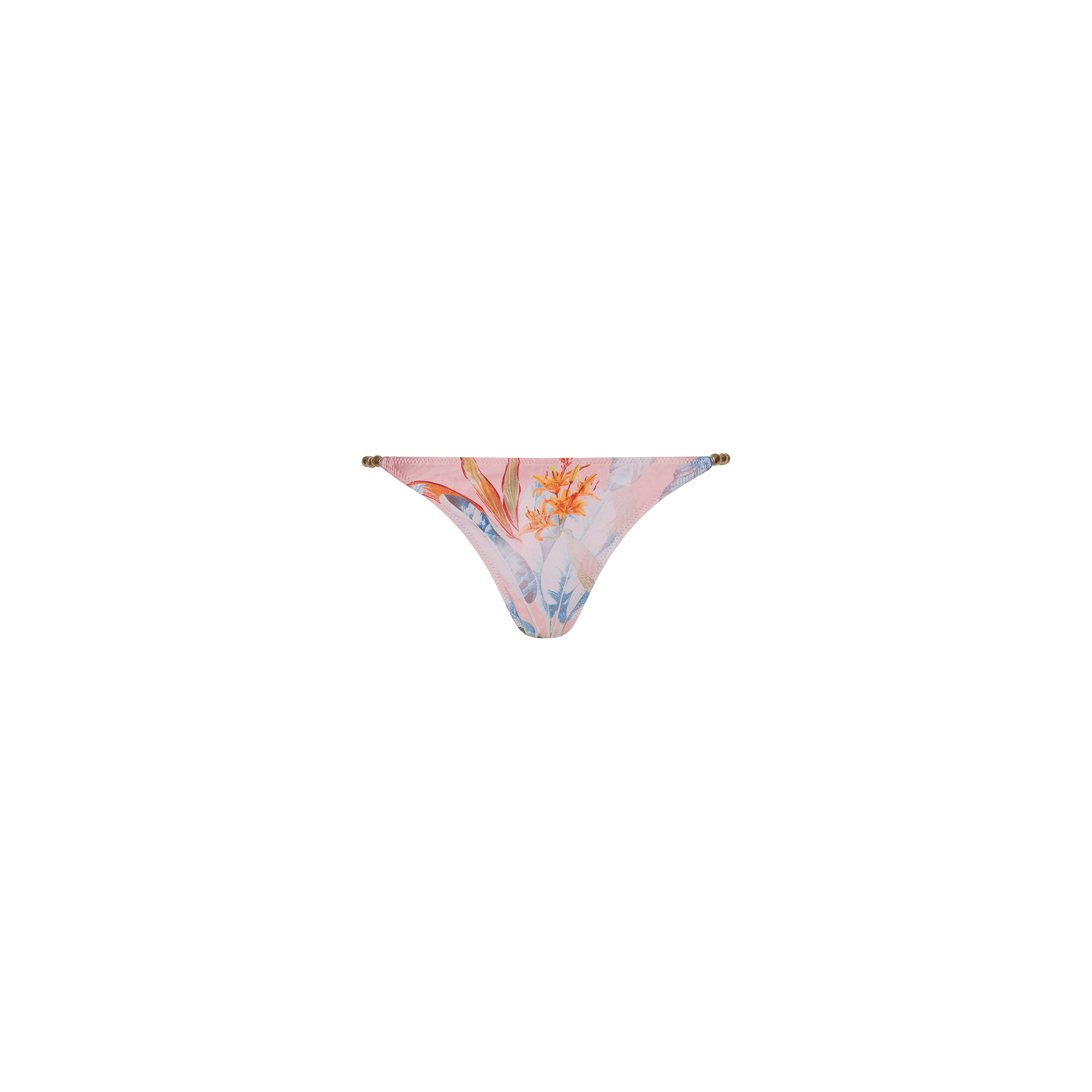 Violet String Bikini Bottom with a floral print featuring orange and blue flowers, displayed on a plain white background.