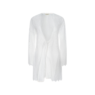 The Navaeh Cover-Up Kimono is a white, long-sleeved, knee-length lace kimono featuring scalloped edges, an open front with a waist tie, and delicate cotton eyelet detailing—elegantly presented against a plain white background.