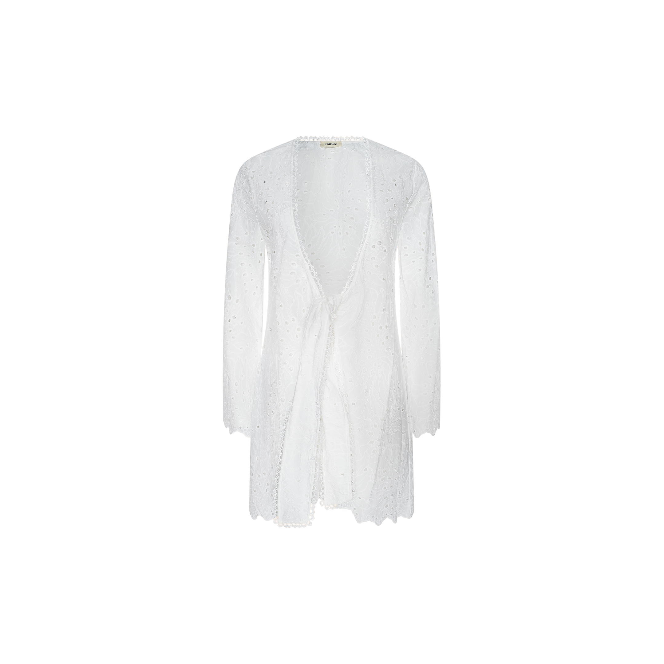 Navaeh Cover-Up Kimono—a white, long-sleeve, open-front cotton eyelet kimono with scalloped edges and a waist tie—displayed on a plain white background.