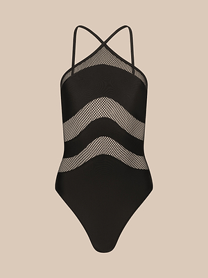 Gabrielle One-Piece Swimsuit in black with thin crisscross straps and diagonal mesh insets at the midsection, offering stylish coverage and UPF 50 protection. Shown on a beige background.