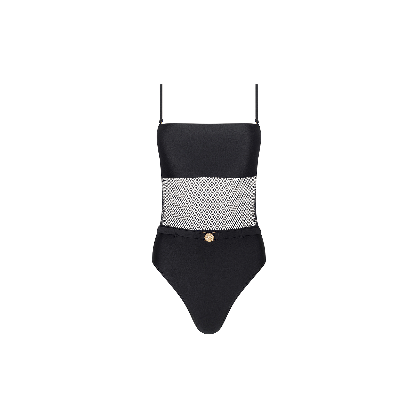 The Tory Bandeau One-Piece Swimsuit is a black one-piece featuring thin straps, chic mesh insets across the midsection, and a subtle gold accent at the waist.