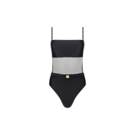 The Tory Bandeau One-Piece Swimsuit is a black one-piece featuring thin straps, chic mesh insets across the midsection, and a subtle gold accent at the waist.