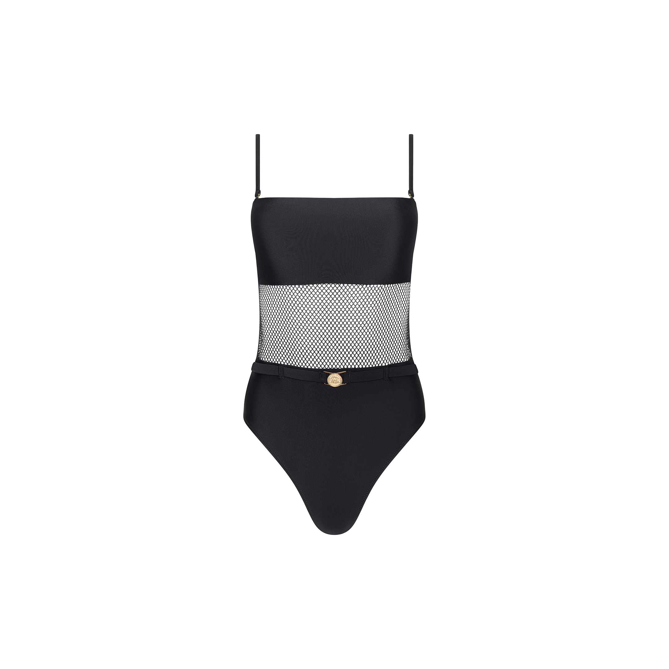 The Tory Bandeau One-Piece Swimsuit is a black one-piece featuring thin straps, chic mesh insets across the midsection, and a subtle gold accent at the waist.
