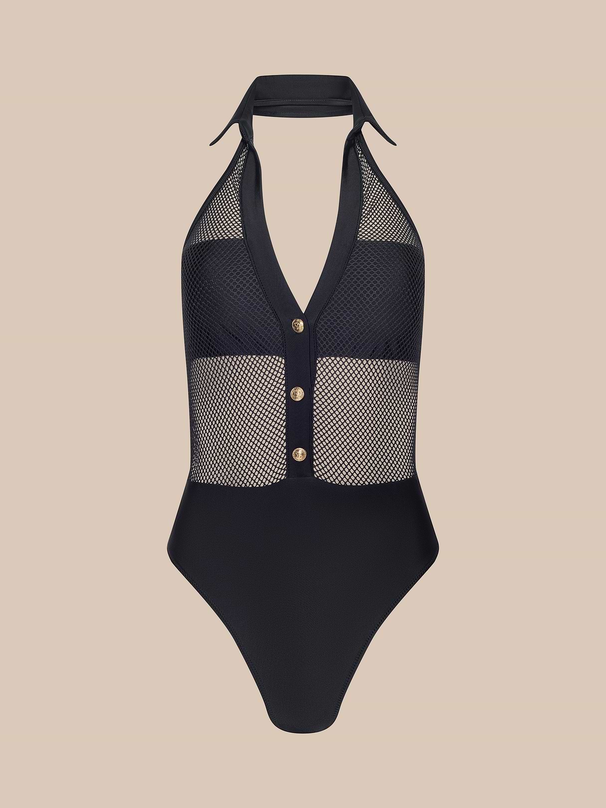 Natalya Collared One-Piece Swimsuit in Black Mesh | L'AGENCE