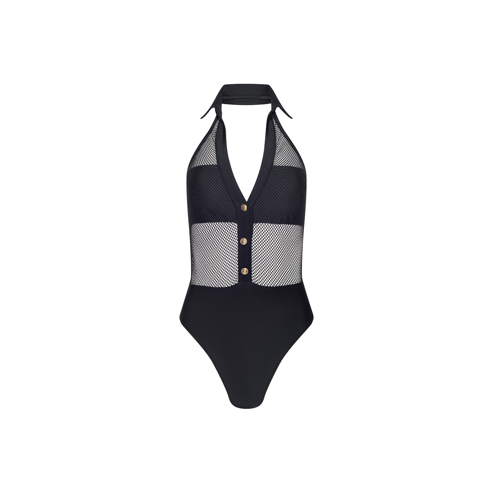 The Natalya Collared One-Piece Swimsuit features a halter-neck design with a deep V neckline, mesh panels on the torso, three buttons down the front, and solid black fabric on the lower half.