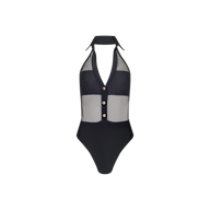 The Natalya Collared One-Piece Swimsuit features a halter-neck design with a deep V neckline, mesh panels on the torso, three buttons down the front, and solid black fabric on the lower half.