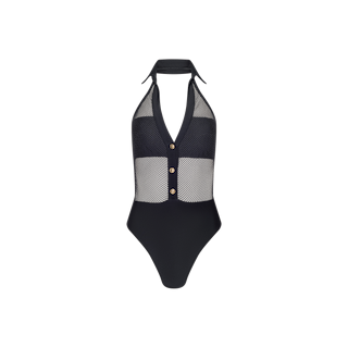 The Natalya Collared One-Piece Swimsuit is a black halter-neck French swimsuit designed with chic mesh panels and stylish mesh insets. It features a deep V neckline accented by three front buttons, while the back and lower section remain solid black for a sleek, contemporary appearance. The swimsuit also provides UPF 50 sun protection, ensuring both fashion and peace of mind.