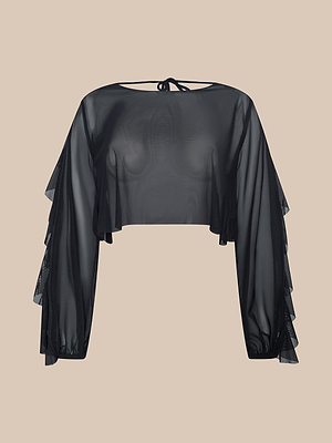 The Ambala Mesh Cover-Up Top is a sheer black long-sleeve crop top with ruffled layered sleeves and a back neck tie, shown on a beige background—ideal for beachside style with its cropped silhouette.