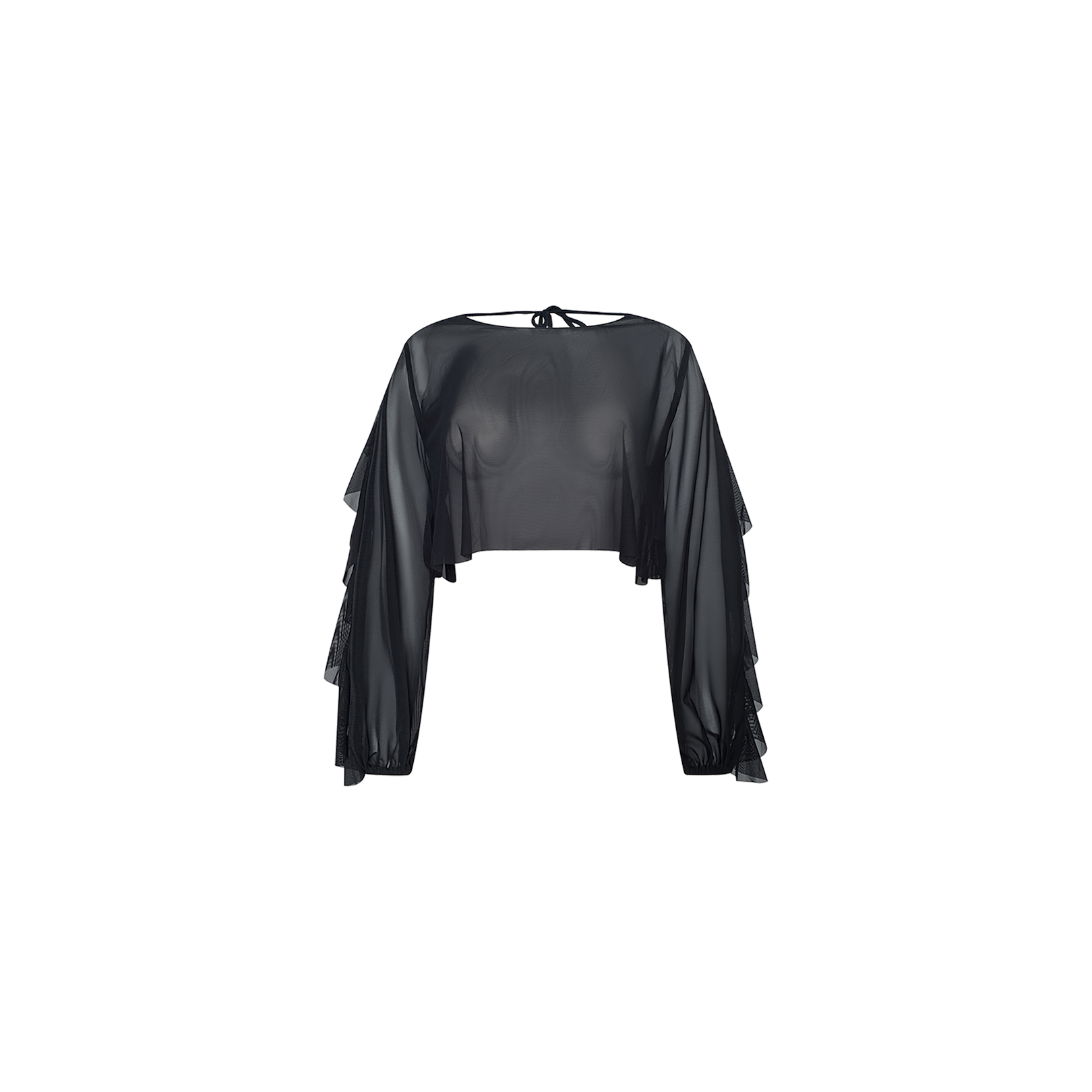 Ambala Mesh Cover-Up Top: A sheer black long-sleeve cropped cover-up featuring ruffled details along the arms, a loose fit, and a tie closure at the back of the neck, showcased against a plain white background.