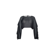 Ambala Mesh Cover-Up Top: A sheer black long-sleeve cropped cover-up featuring ruffled details along the arms, a loose fit, and a tie closure at the back of the neck, showcased against a plain white background.
