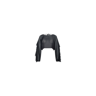 Ambala Mesh Cover-Up Top: A sheer black long-sleeve cropped cover-up featuring ruffled details along the arms, a loose fit, and a tie closure at the back of the neck, showcased against a plain white background.