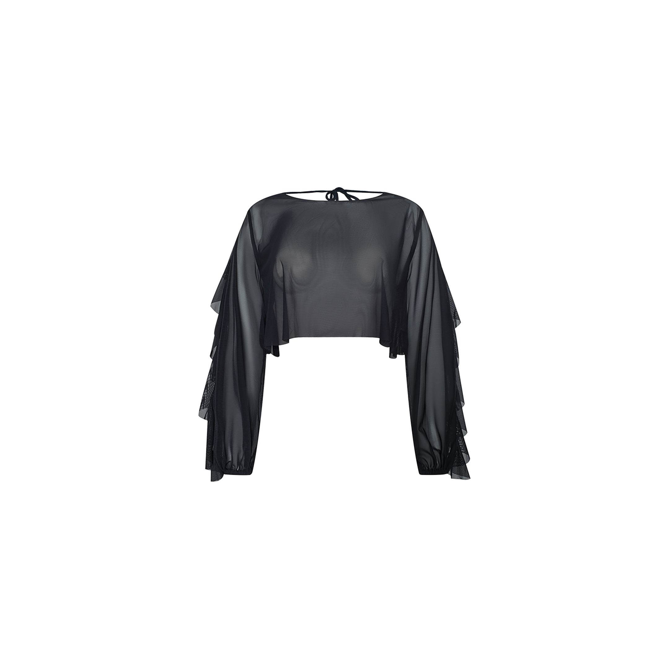 Ambala Mesh Cover-Up Top: A sheer black long-sleeve cropped cover-up featuring ruffled details along the arms, a loose fit, and a tie closure at the back of the neck, showcased against a plain white background.