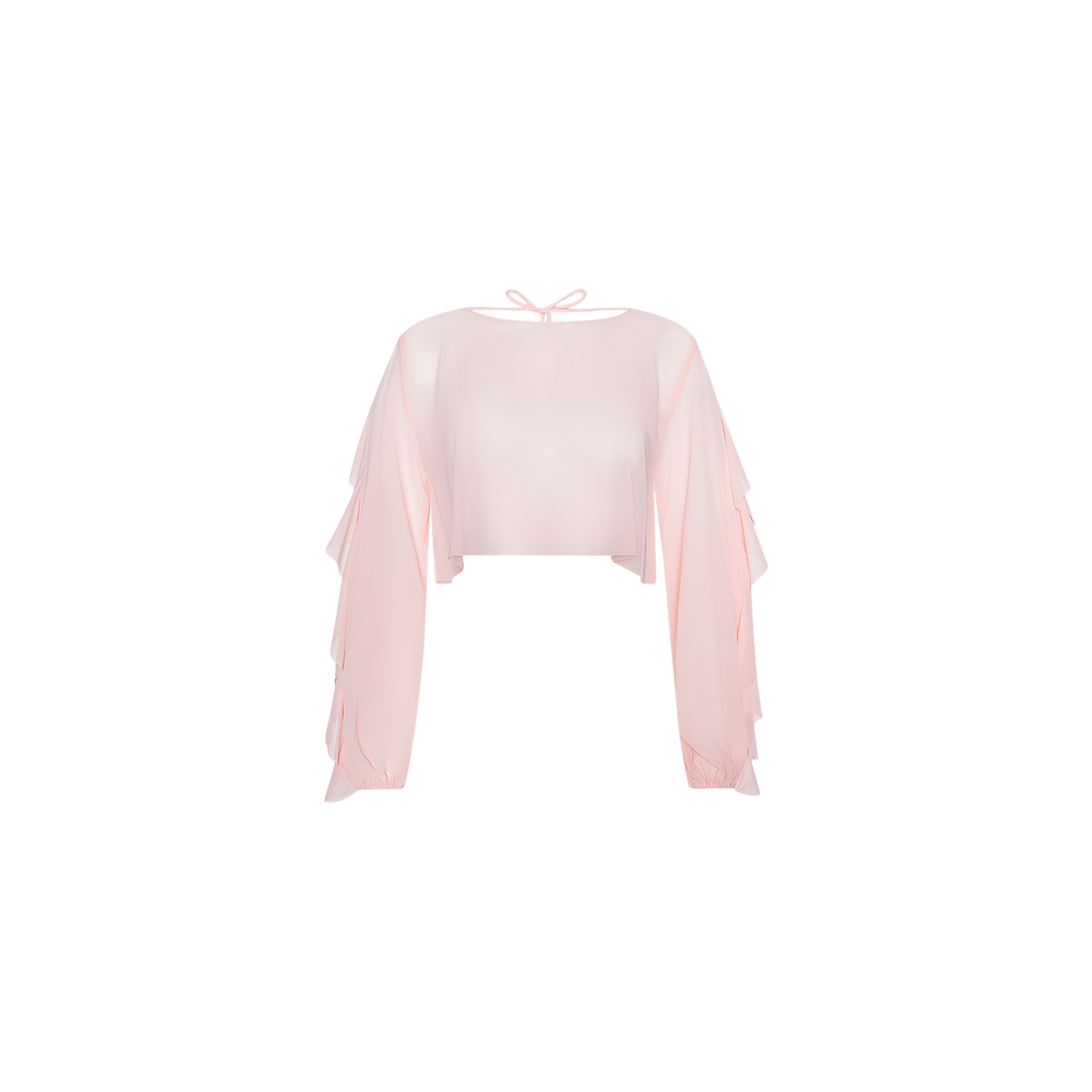 The Ambala Cover-Up Top is a light pink, long-sleeve cropped blouse featuring ruffled sleeve details and a tie at the neck. Crafted from sheer mesh for a delicate touch, it is displayed on a plain white background.
