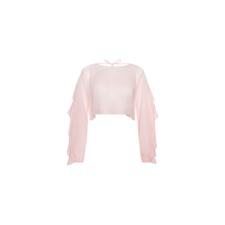 The Ambala Cover-Up Top is a light pink, long-sleeve cropped blouse featuring ruffled sleeve details and a tie at the neck. Crafted from sheer mesh for a delicate touch, it is displayed on a plain white background.