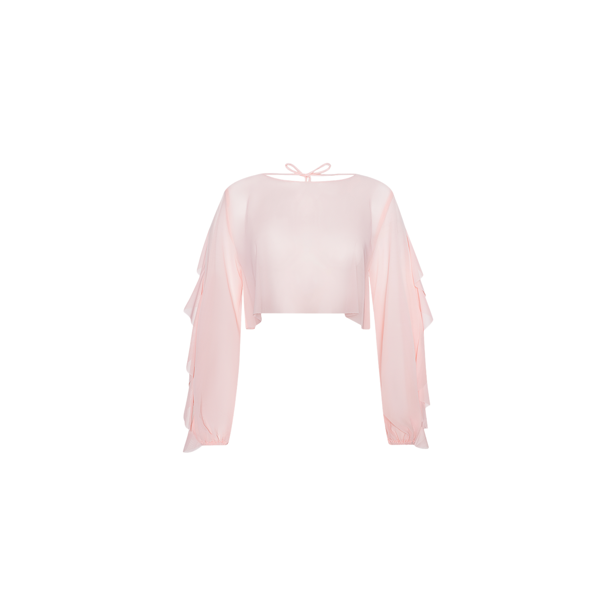The Ambala Cover-Up Top is a light pink, long-sleeve crop top featuring ruffled sleeve details and a tie at the back neck, crafted from sheer mesh in a cropped silhouette and shown on a plain white background.
