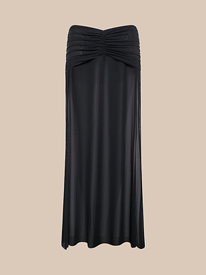 The Mahe Mesh Cover-Up Skirt is a black, floor-length skirt with a ruched, gathered design and a sheer, flowing mermaid silhouette, displayed against a plain beige background.