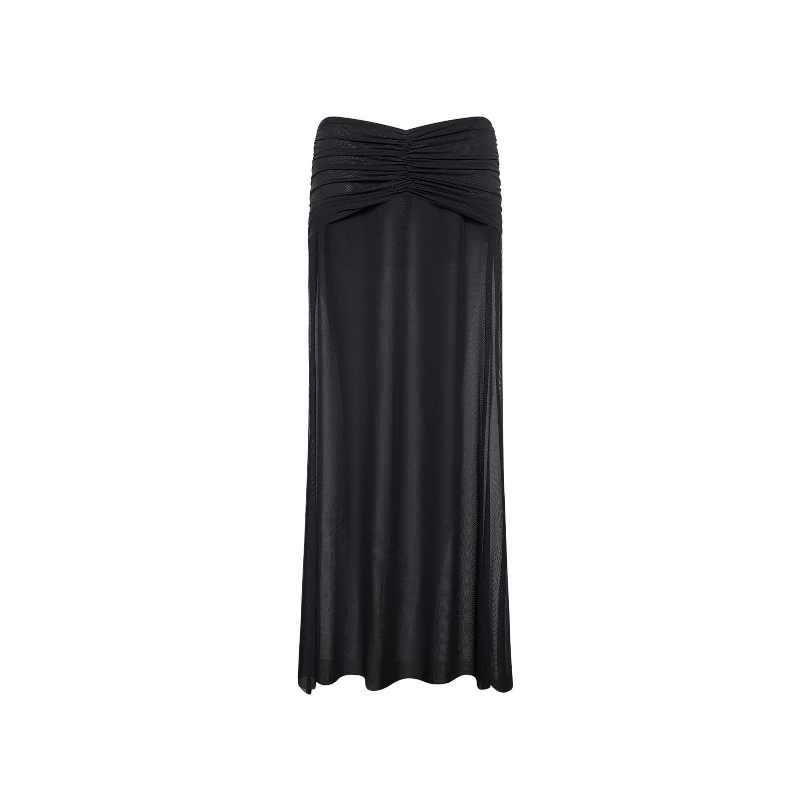 The Mahe Mesh Cover-Up Skirt is a black, semi-sheer maxi skirt featuring ruching at the top and a flowing, slightly flared mermaid silhouette—perfect for layering poolside or dressing up for an evening out.
